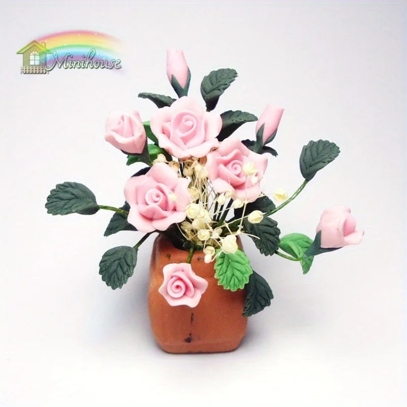 bouquet roses artificiel pot décoratif artisanal feuilles vertes fleurs blanchesintérieur réaliste miniature