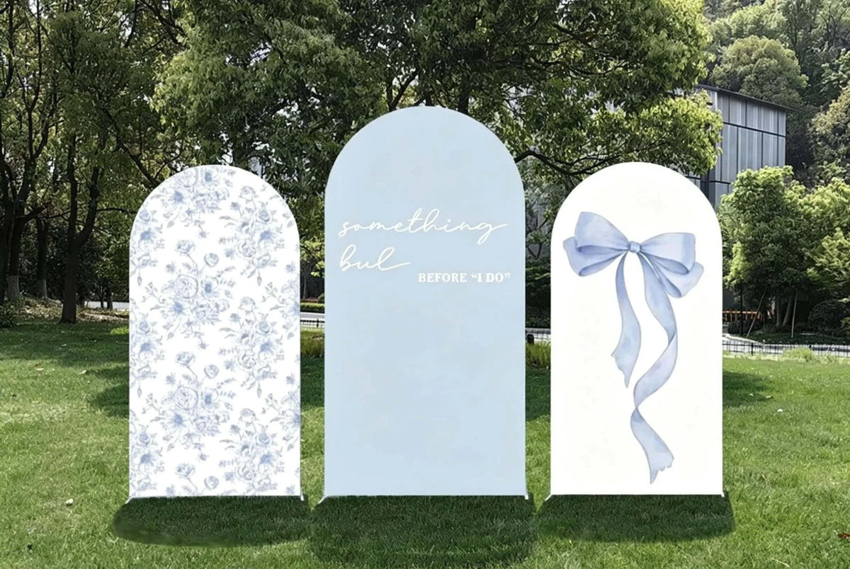 rideau photographie floral bleu fond blanc classique clips dorés ruban bleu mariage photo