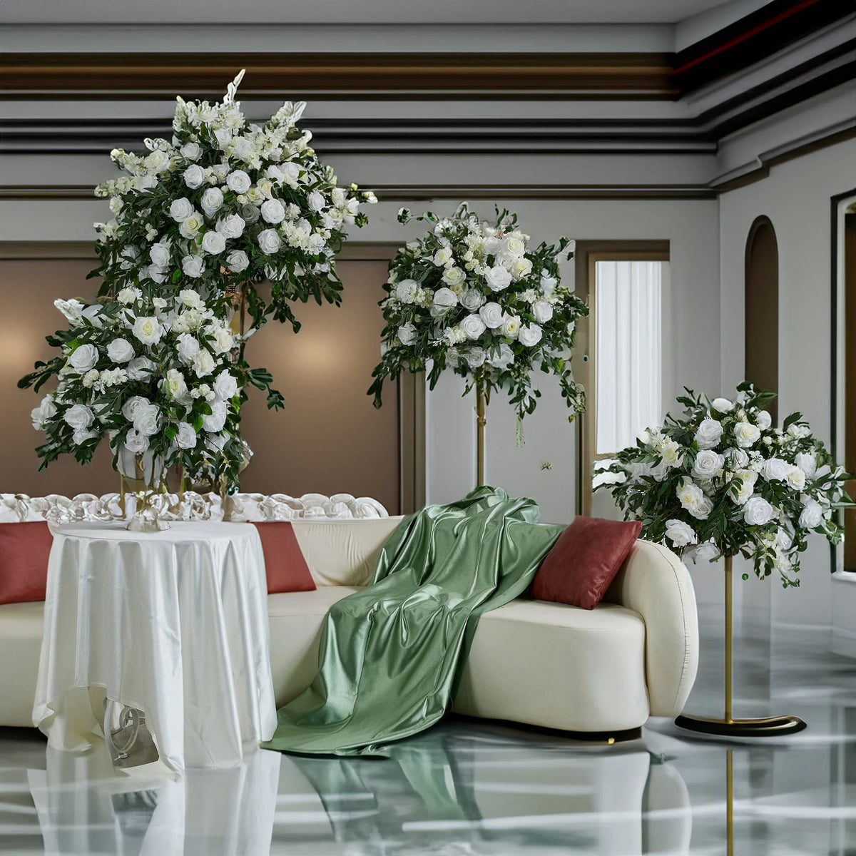 Arche fleurs artificielles soie rose blanc vert décoration maison anniversaire mariage