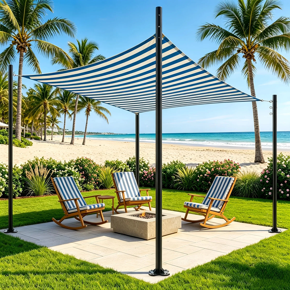 poteaux structure voile résistants rouille rayures horizontales moderne extérieur chaises bascule piscine jardin