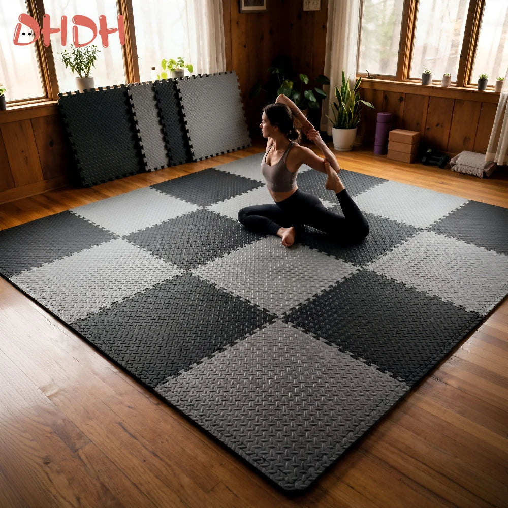 tapis sol modulable gris blanc carreaux antidérapants fitness yoga exercices