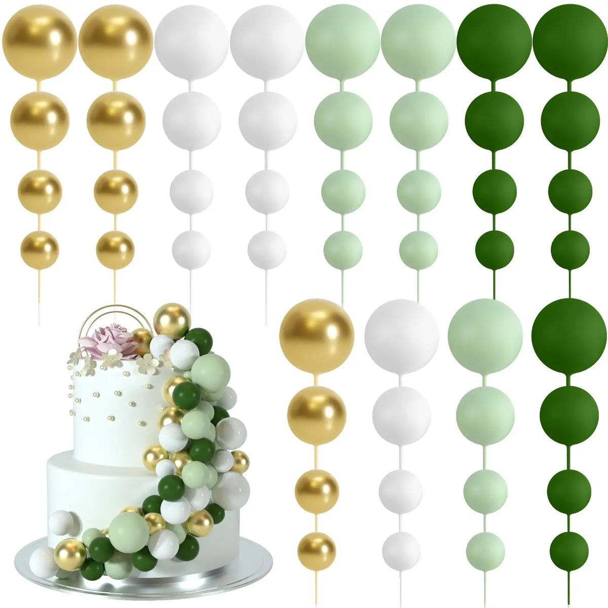 décoration gâteau boules vertes blanches dorées mariage anniversaire festives modernes