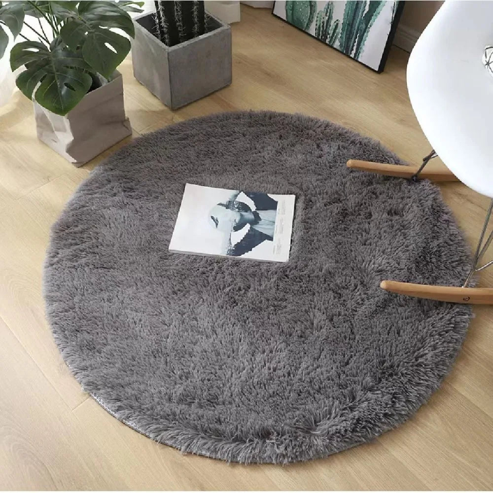 tapis rond doux fourré couleur unie moderne rose marron vert violet beige