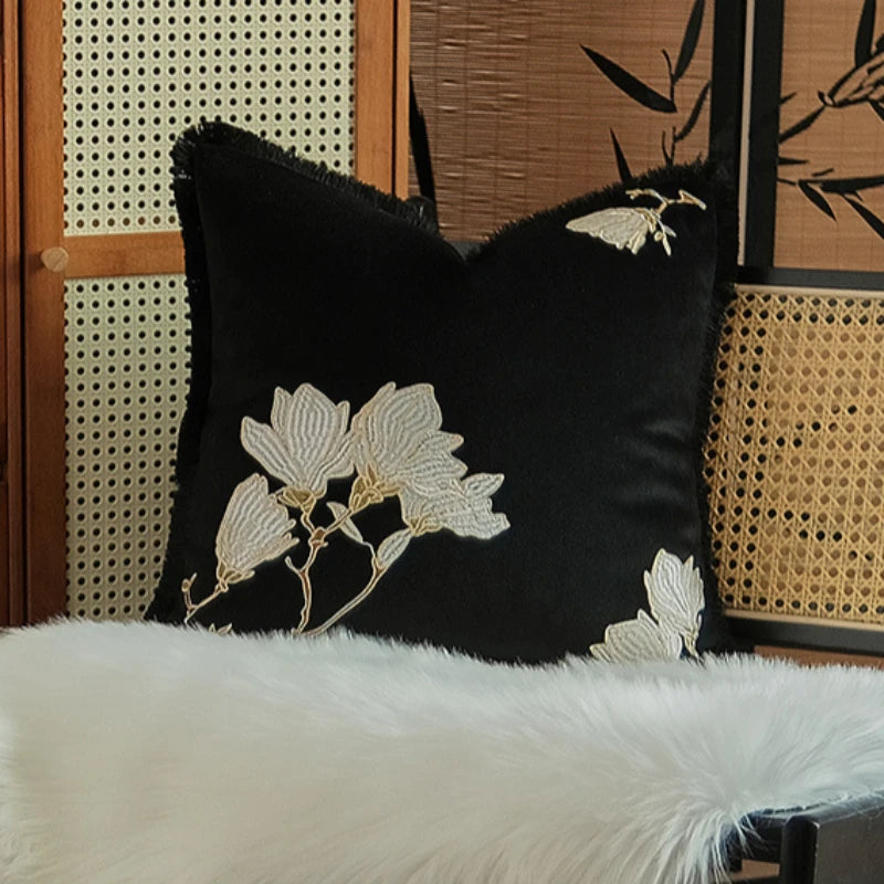 coussin carré brodé fleur dorée nordique marron clair noir élégant décoration maison 45x45cm 50x50cm