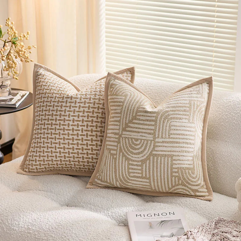 housse coussin carré polyester géométrique moderne beige clair foncé suspension Jacquard décoration maison commerciale