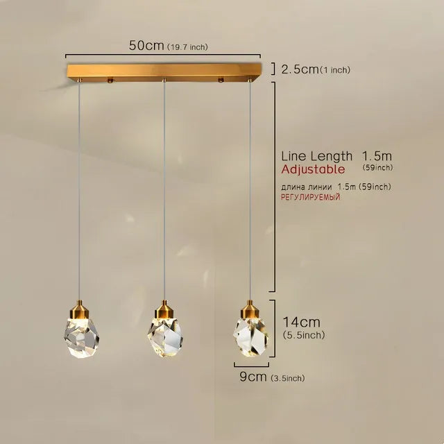 suspension lumineuse moderne transparente facettes géométriques dorées élégante autoinstallation led chambre salon