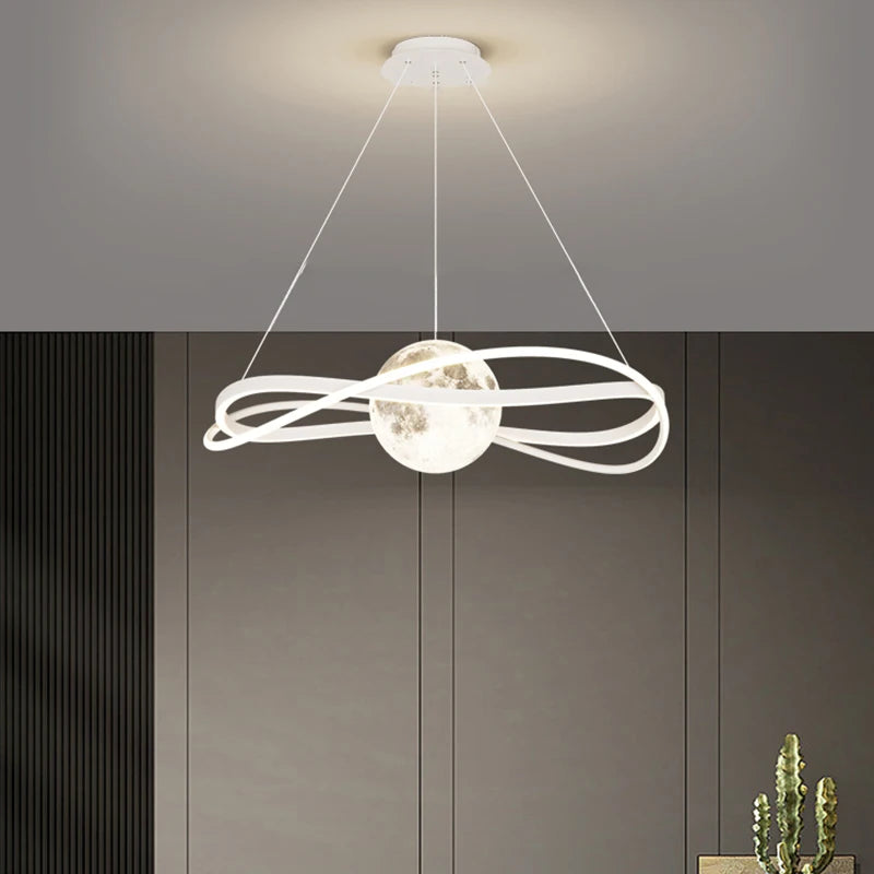 suspension lumineuse moderne minimaliste noir blanc anneau lune opale salle étude chambre