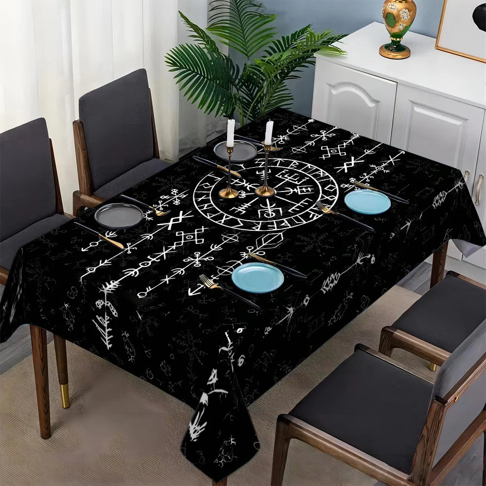 nappe table moderne noire runes symboles geometriques reutilisable polyeste rectangle festives assises couverts graphique