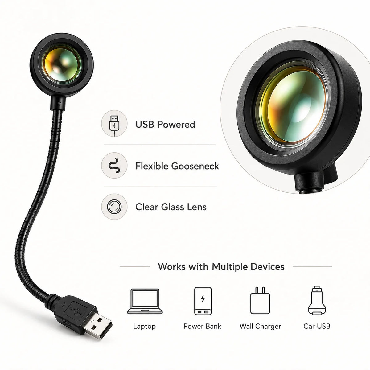 lampe led veilleuse ambiance atmosphérique usb transparente moderne noir fixée tringle flexible