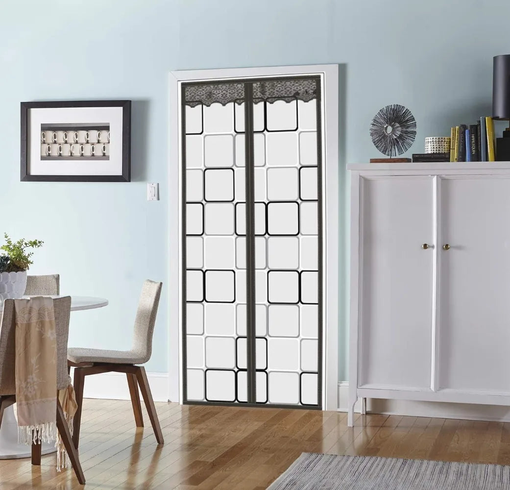 rideau magnétique porte semi transparent motif carrés blanc moderne adhésif noir marron minimaliste
