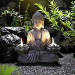 statue bouddha résine zen jardin extérieur flammes méditation lotus spiritualité