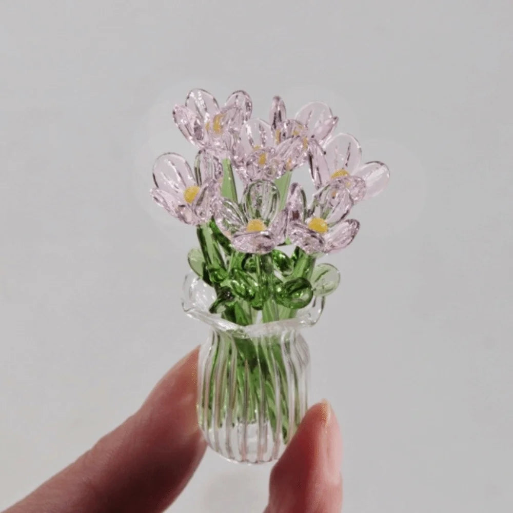 bouquet artificiel violet jaune vert blanc bleu orange feuilles vertes miniature vase transparent six