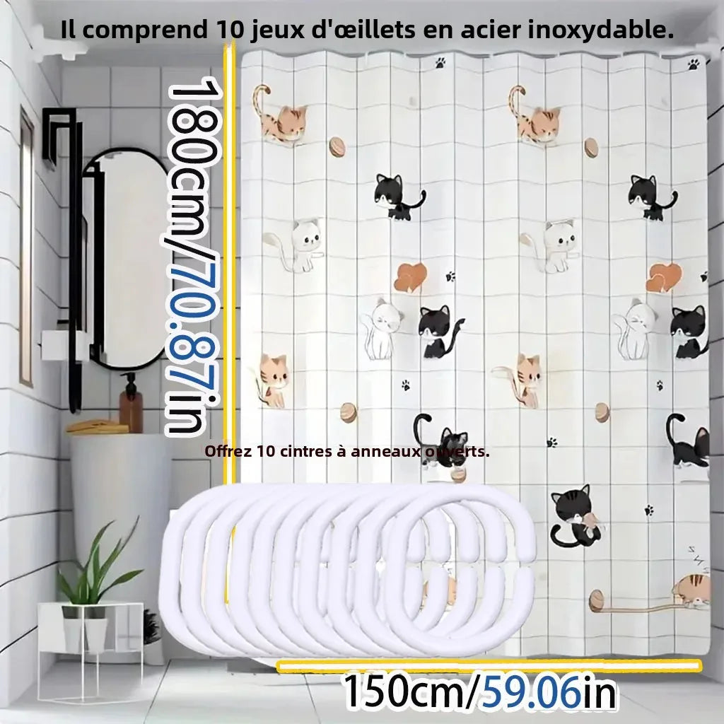 rideau douche moderne chatons mignons motif enfantin blanc noir orange opaques anneaux inoxydables