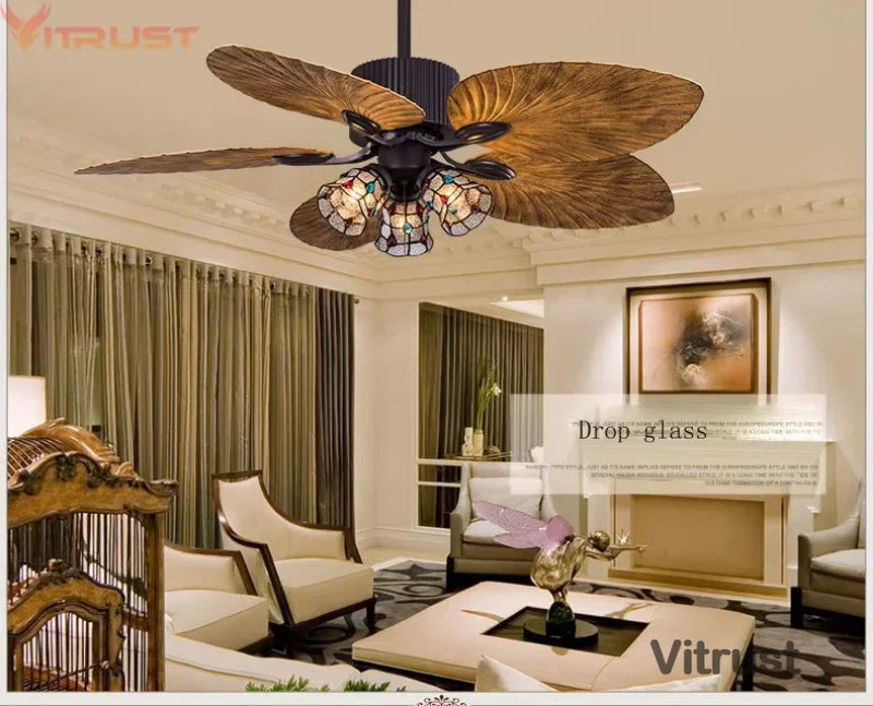 ventilateur moderne noir ampoules led feuilles palmier télécommande rustique chambre salon