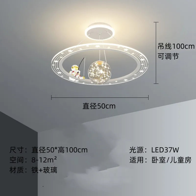 suspension lumineuse moderne astronaute étoiles blanche dorée bleue anneaux concentriques