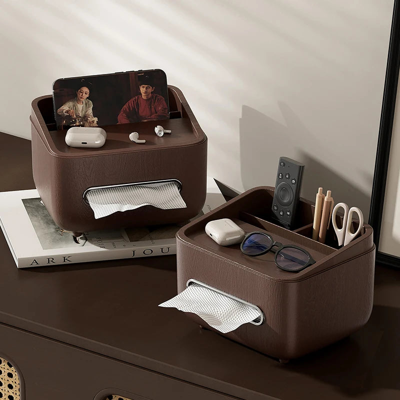 boîte rangement moderne boîte mouchoirs multifonctionnelle marron foncé aspect bois multifonctionnelle hygiène écouteurs télécommande