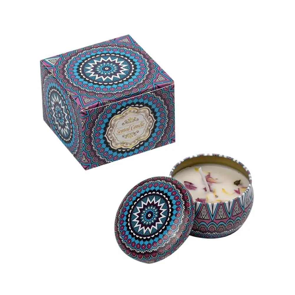 bougies parfumées fleurs séchées rouge bleu rose multicolore motifs floraux mandala ethnique boho chic