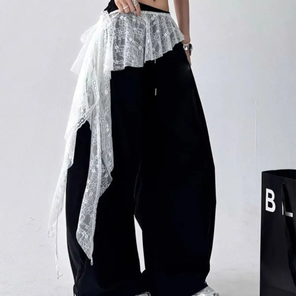 pantalon femme dentelle blanche moderne décontracté élastique taille noir blanc