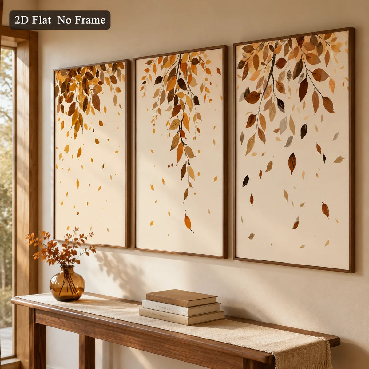 tableau moderne feuilles d'automne toile sans cadre beige marron doré nature morte pièces décoration