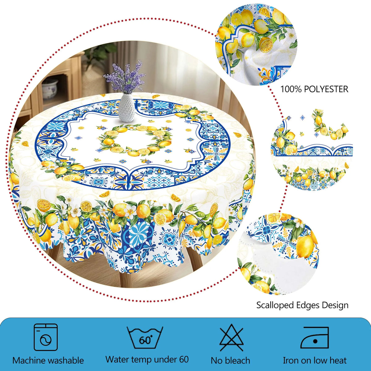 nappe imperméable motif floral citrons table d'été blanche verte extérieure mariage festives clips