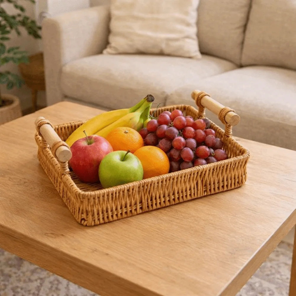 panier tressé naturel traditionnel poignées bois plateau service alimentaire gain place rangement plastique imitation