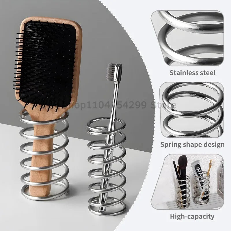 support rangement argenté spirale minimaliste brosse dents brosse cheveux flacon parfum bougie magazine plume