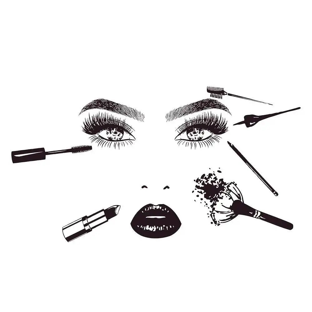 sticker mural artiste maquillage adhésif yeux lèvres pinceaux noir illustration salon beauté