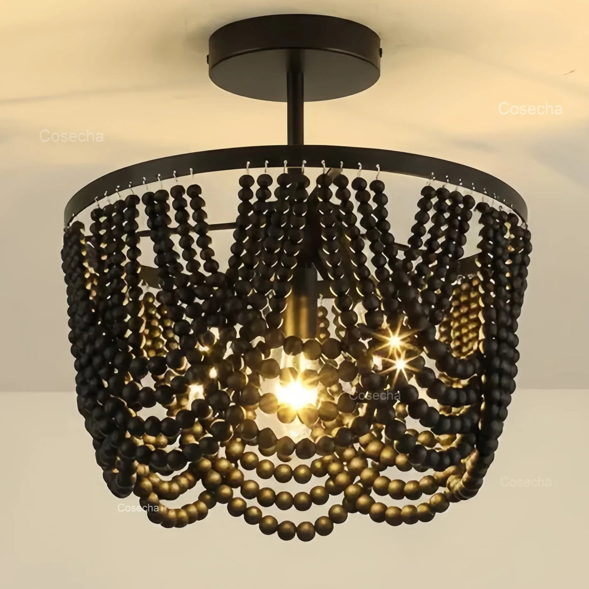 plafonnier bois noir doré bohème ampoules e14 semi transparent chambre salle manger