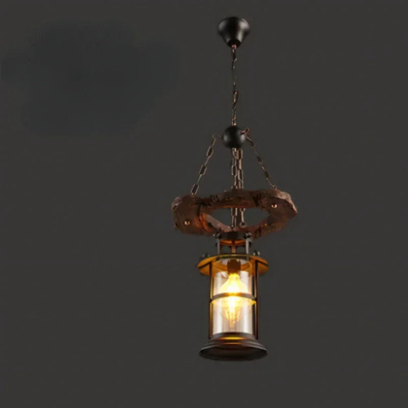 Suspension lumineuse industrielle marron doré verre translucide ampoules métal bois vintage