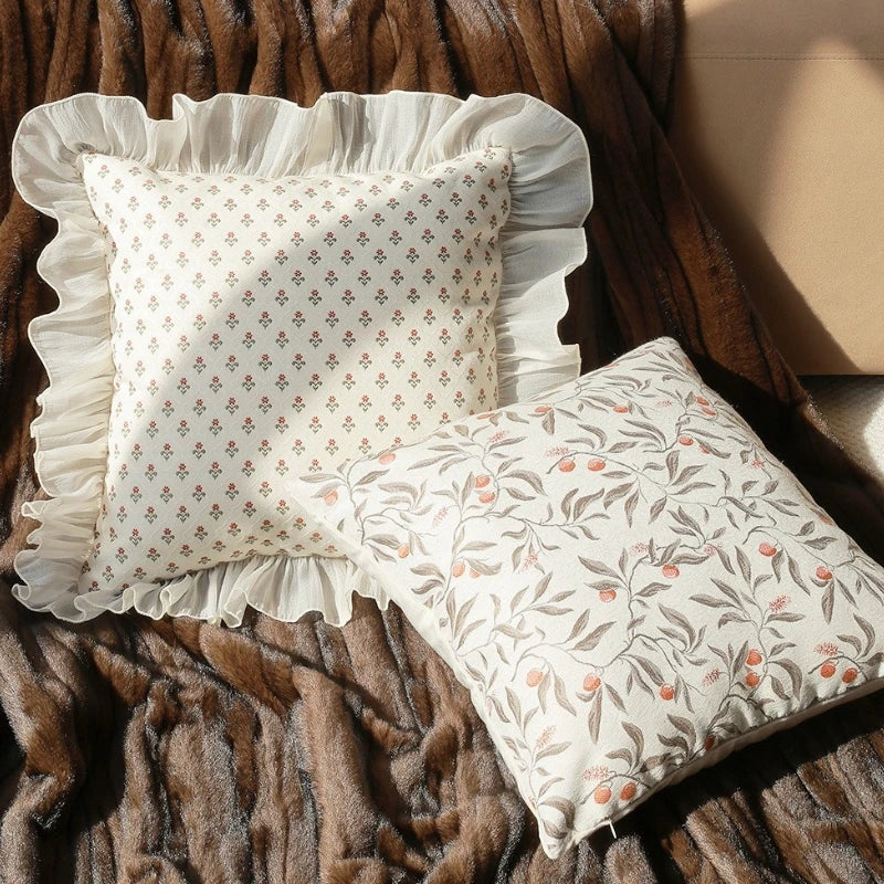 housse coussin polyester imprimé floral vintage romantique beige marron orange pointillé øllets square rectangle