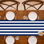table cuisine nappe courte lin bleu marine rayée marin décontracté festive farmhouse