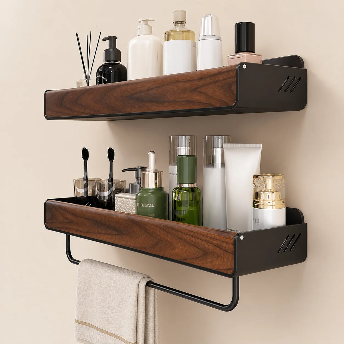 étagère murale bois marron étagères doubles barre porte serviette sans perçage modernes industrielle