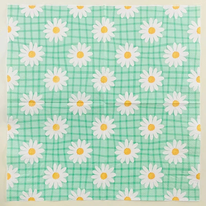 serviettes papier imprimées carreaux fleurs motif vert clair blanc jaune rustique 20 pièces