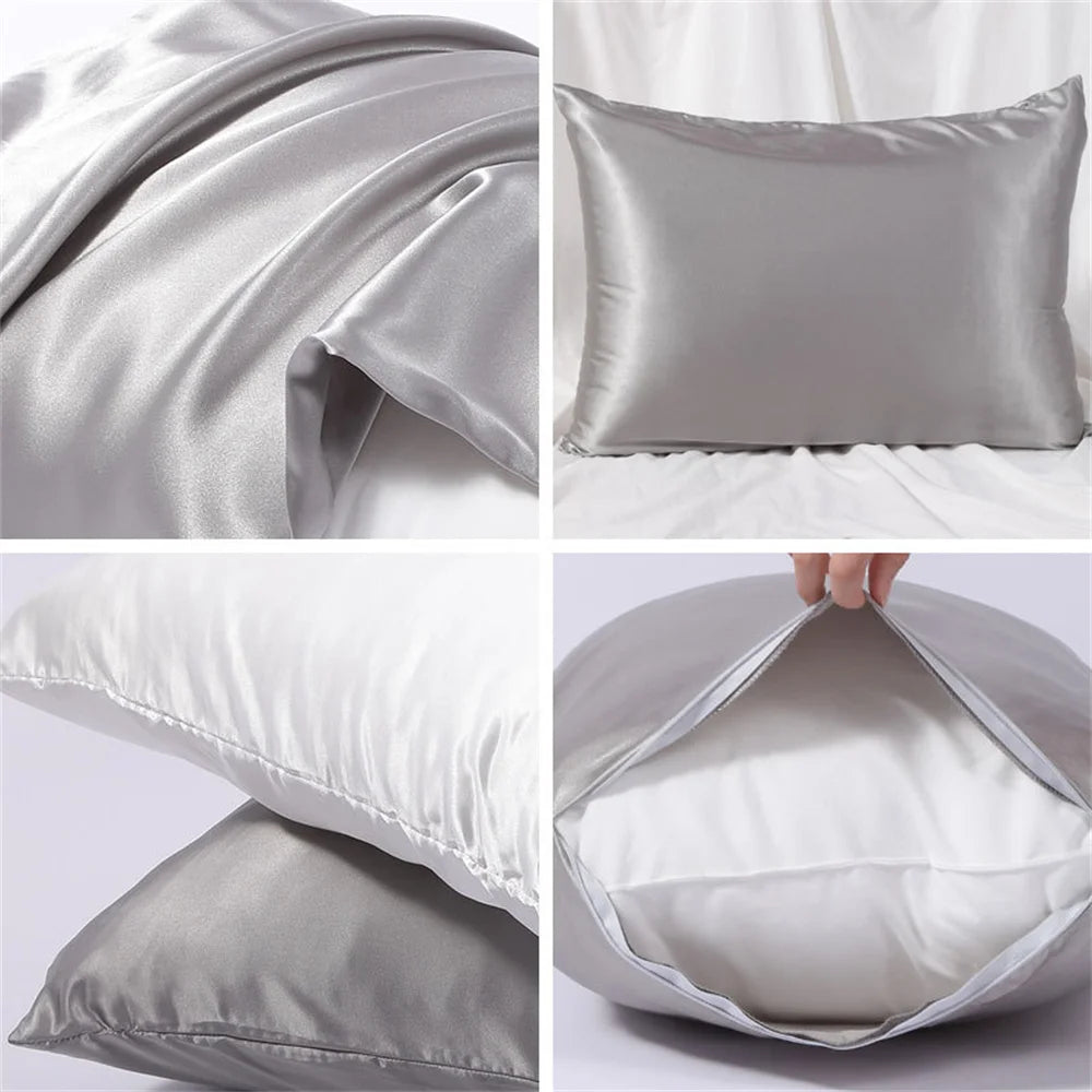 protège oreiller satin brillant fermeture éclair cheveux peau douce couleur unie