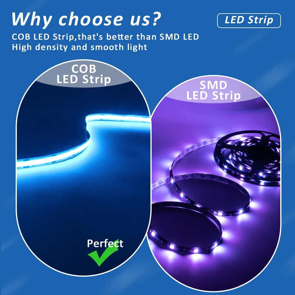 ruban led coB 5m 12v blanc chaud froid rouge vert bleu clips modernes