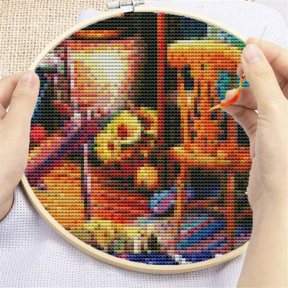 kit broderie multicolore motifs variés toile imprimée coton 11ct 14ct instructions aiguilles artisanal traditionnel