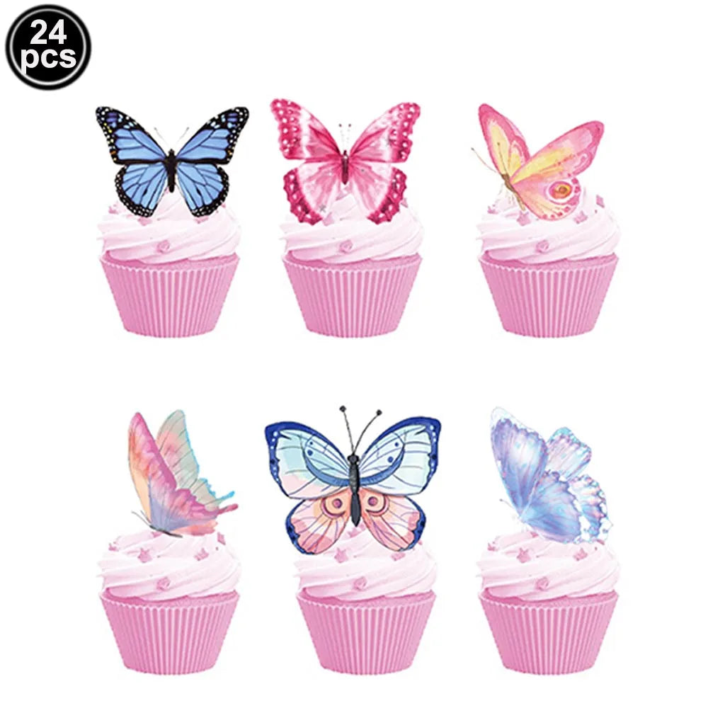 décoration gâteau papillons fleurs rose violet blanc doré piquet anniversaire mariage fête enfants