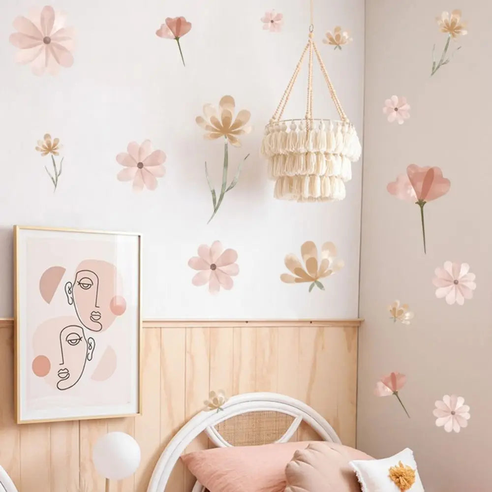 stickers muraux fleurs simples moderne minimaliste rose beige vert blanc adhésif
