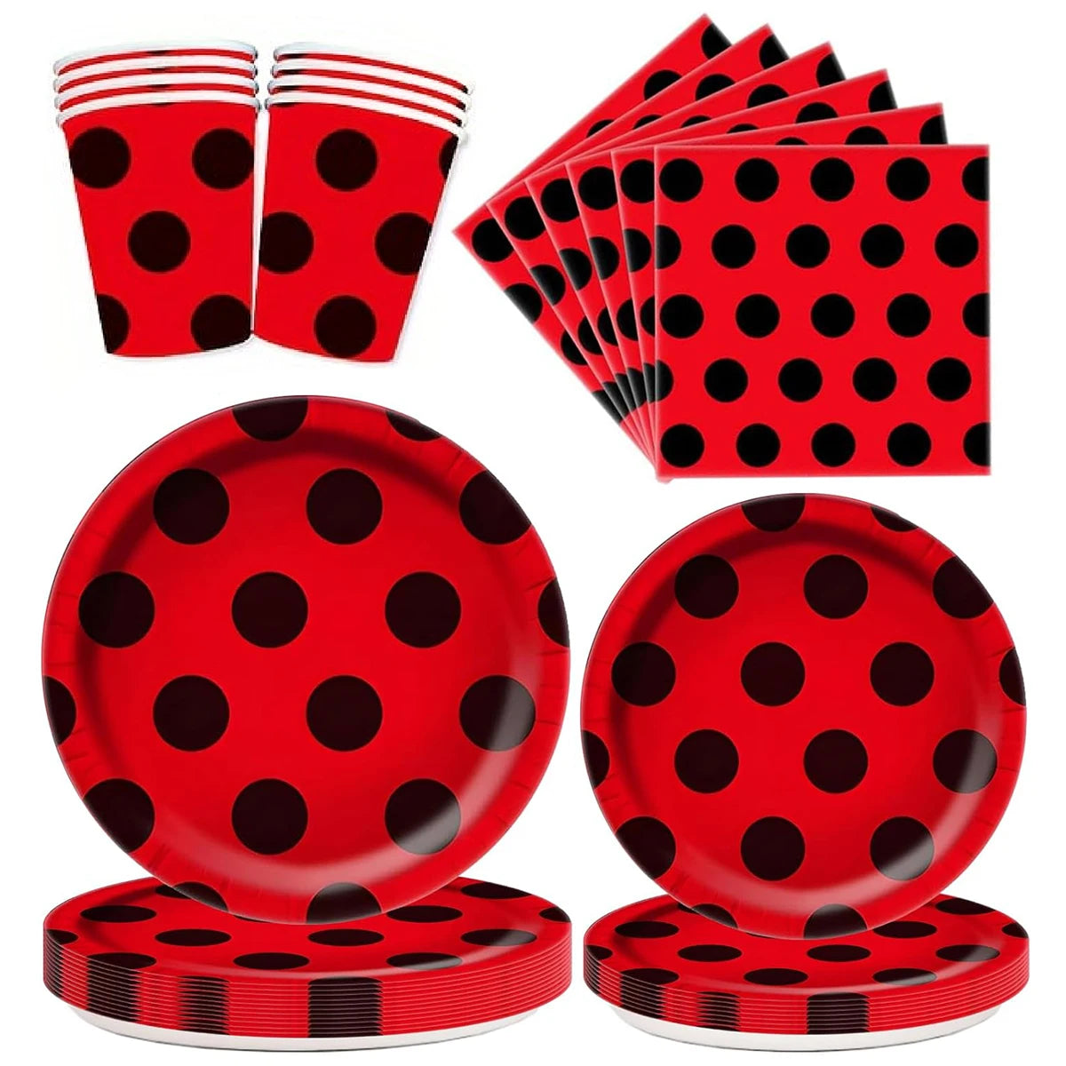 assiettes papier rouge motif points noires serviettes noires verres jetables fête thème coccinelle anniversaire
