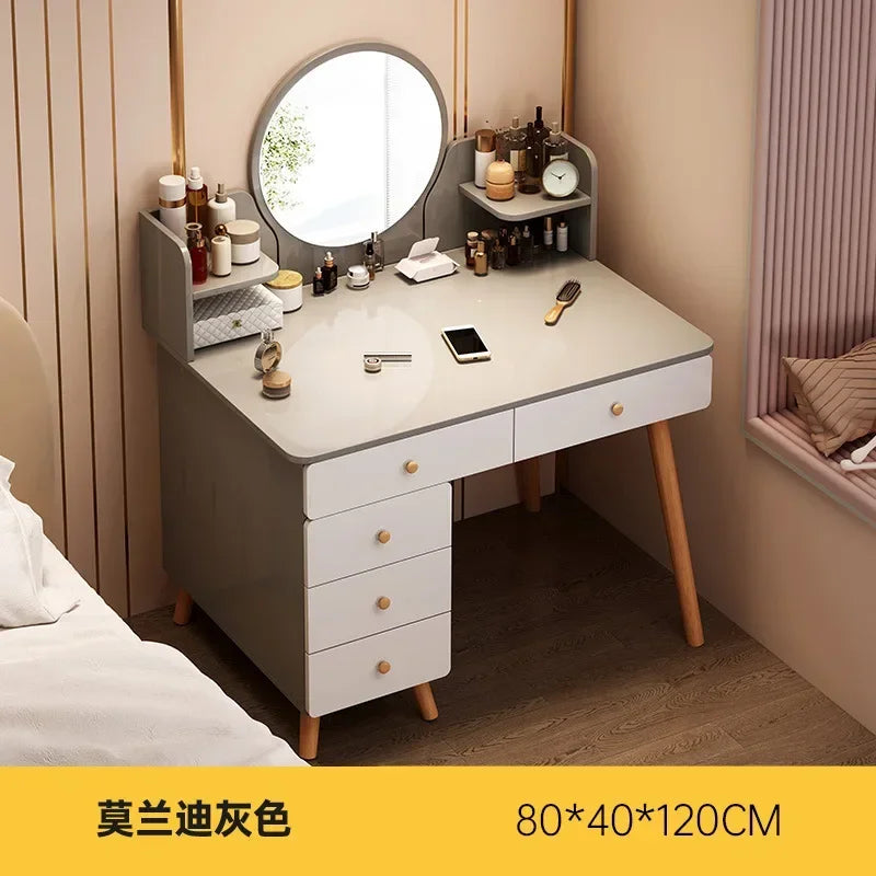 maquillage moderne tiroirs miroir plateau gris tiroirs blancs pieds bois naturel