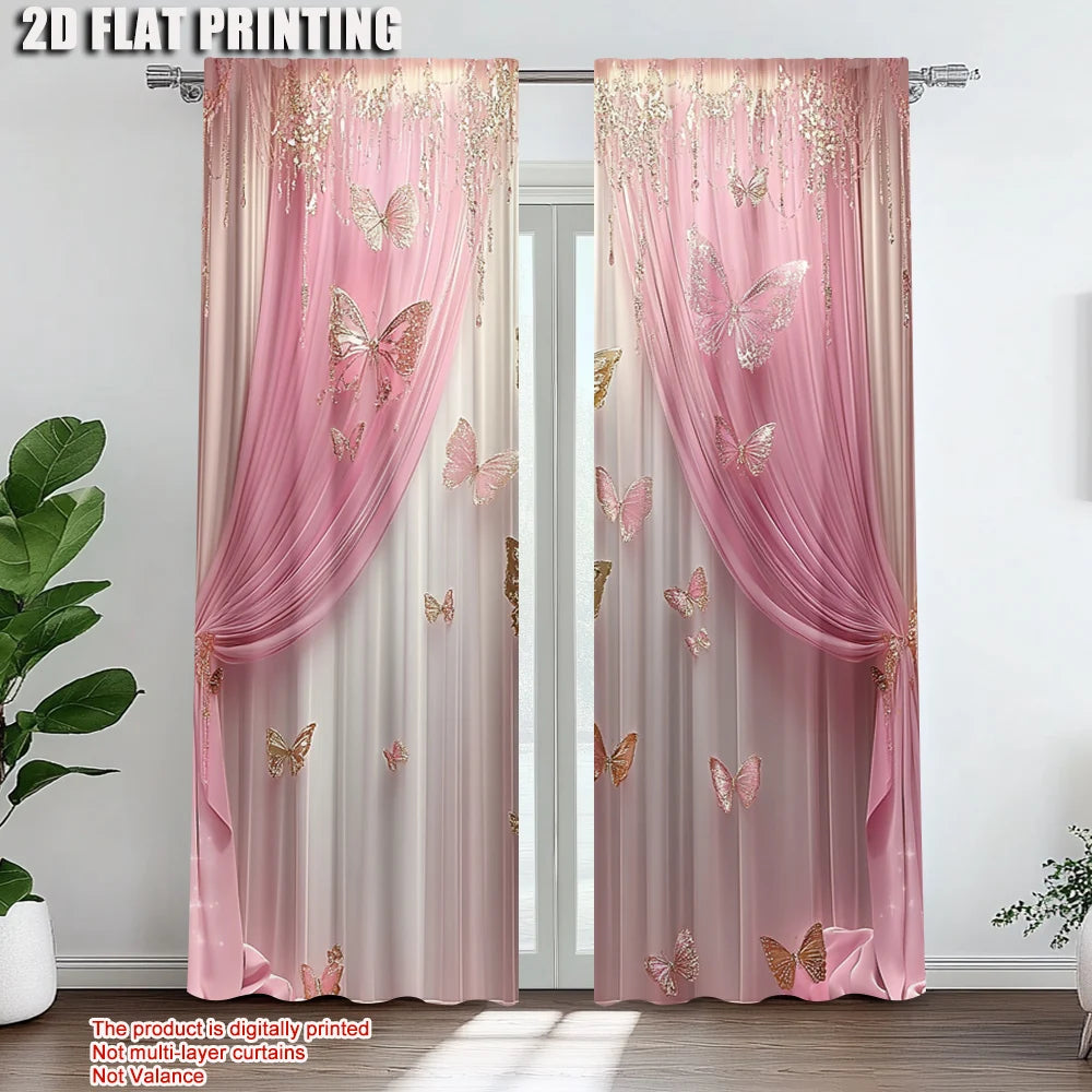 rideaux fenêtre deux panneaux rose papillons semi transparent métalliques chambre salon