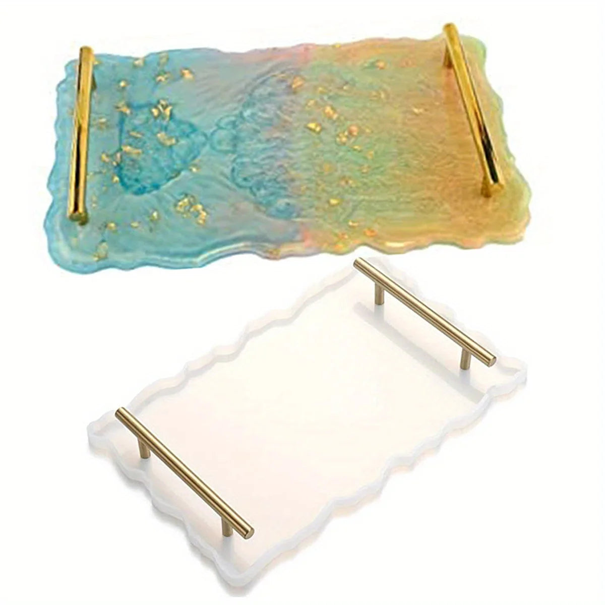 plateau silicone moderne motif géode bleu doré poignées métalliques élégant servir collations transparent original
