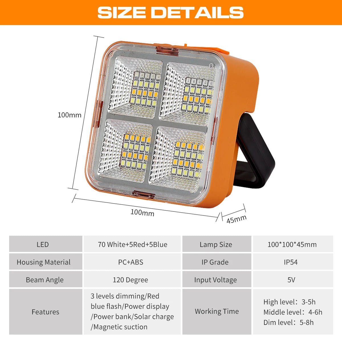lampe solaire portative orange moderne recharge solaire usb poignée aimant emergency light camping