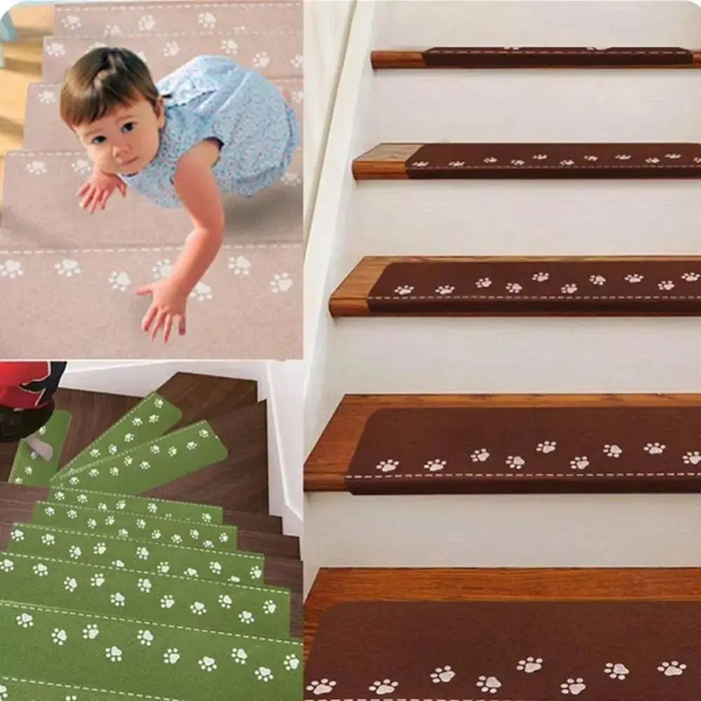 tapis marches escalier phosphorescent motif patte duveteux adhésif vert marron ludique chambre durable