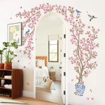 sticker mural arbre fleur cerisier rose oiseaux feuilles naturel chambre salon kitchen