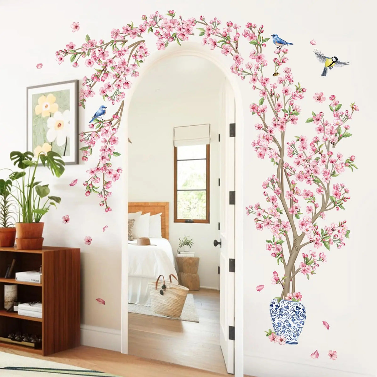 sticker mural arbre fleur cerisier rose oiseaux feuilles naturel chambre salon kitchen