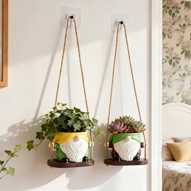 pots fleurs suspendus gnomes résine décorative plantes succulentes vert jaune fantaisiste mur balcon patio