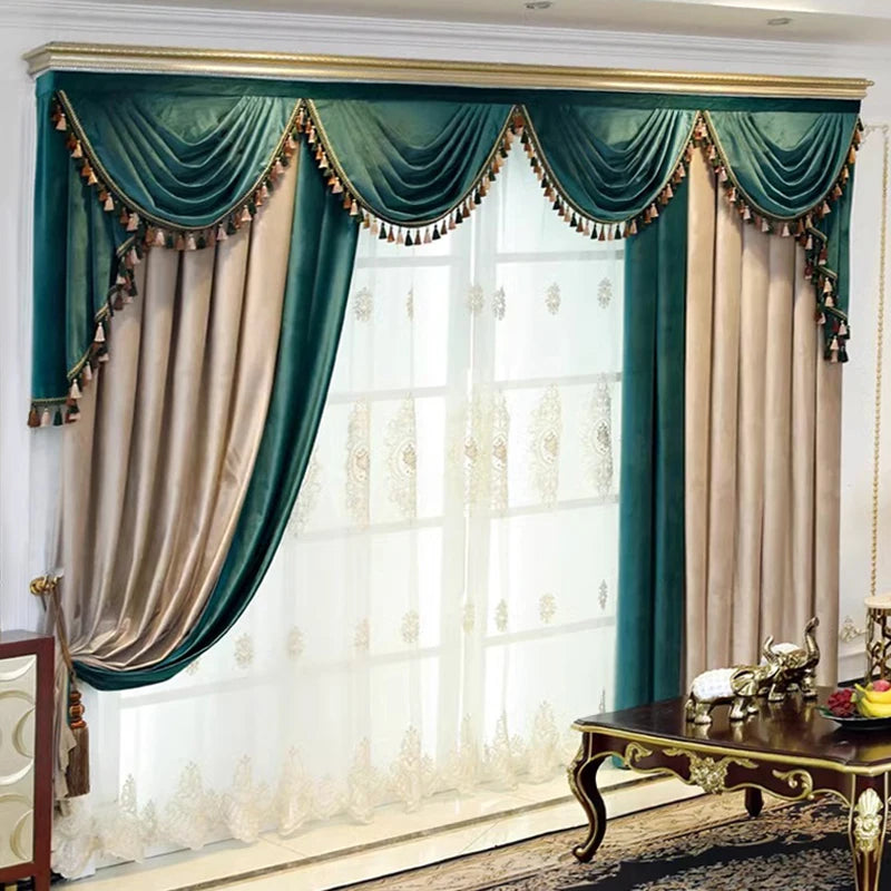 rideaux décoratifs opaques voilage transparent luxueux tissu velours franges décoratives couleur teal beige blanc