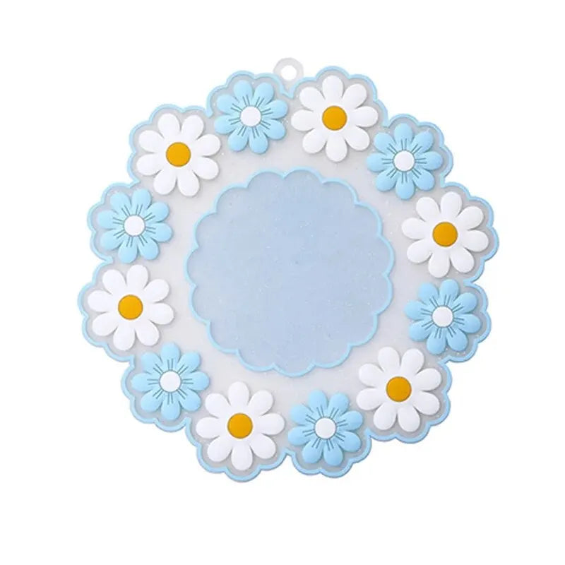 tapis table silicone moderne fleurs blanches bordure dentelée bleu rose blanc