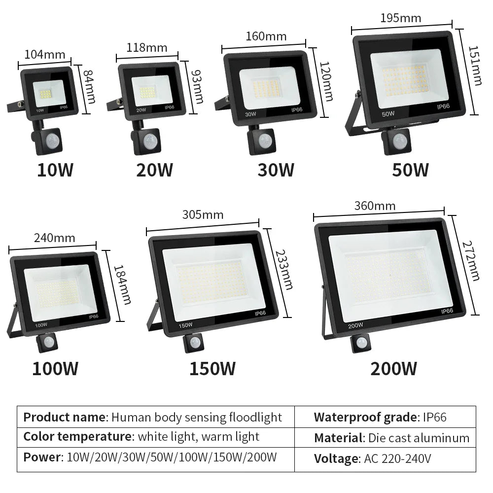projecteur led sol noir moderne capteur mouvement ip66 10w 20w 30w 50w 100w 150w